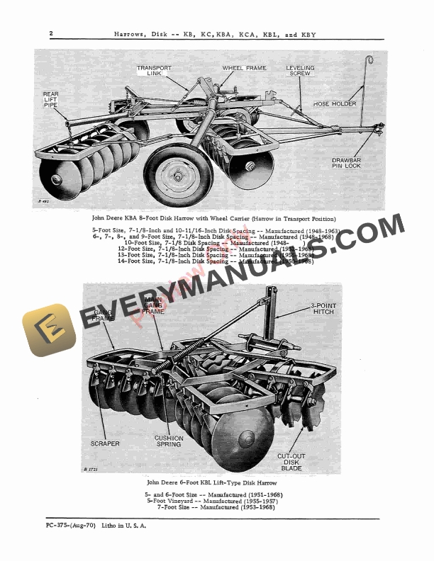 John Deere KB, KBA, KBL, KBY, KC, KCA Disk Harrows Parts Catalog PC375 01AUG70 5 John Deere KB, KBA, KBL, KBY, KC, KCA Disk Harrows Parts Catalog PC375 01AUG70-4