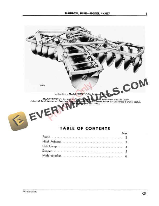 John Deere KHZ Integral Disk Harrow Parts Catalog PC308 01FEB58-3