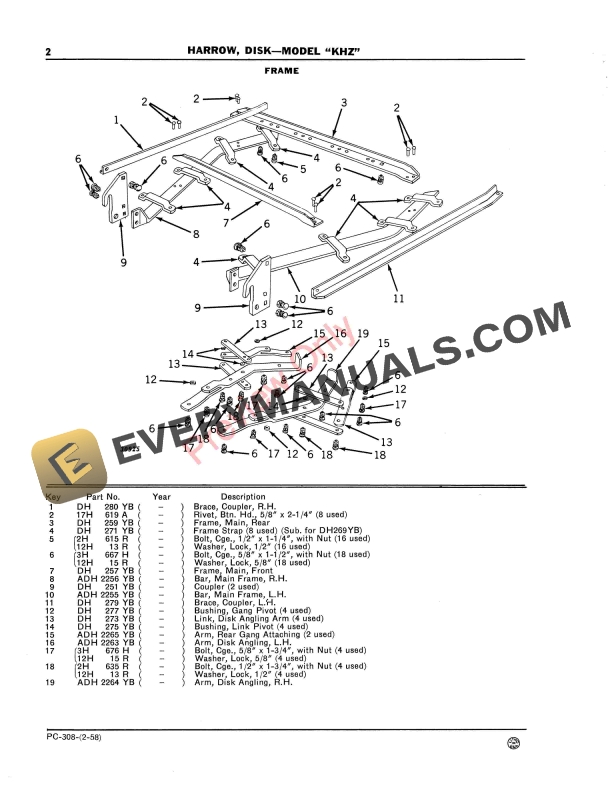 John Deere KHZ Integral Disk Harrow Parts Catalog PC308 01FEB58-4