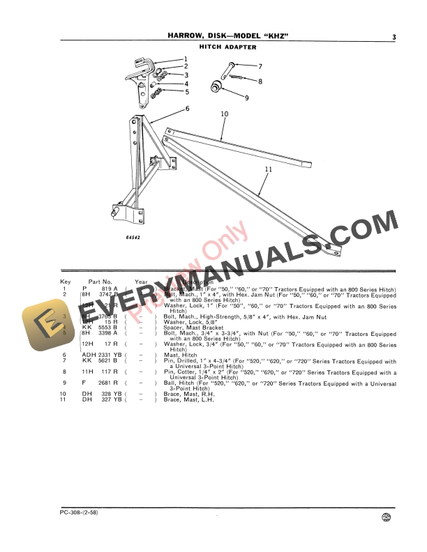 John Deere KHZ Integral Disk Harrow Parts Catalog PC308 01FEB58-5