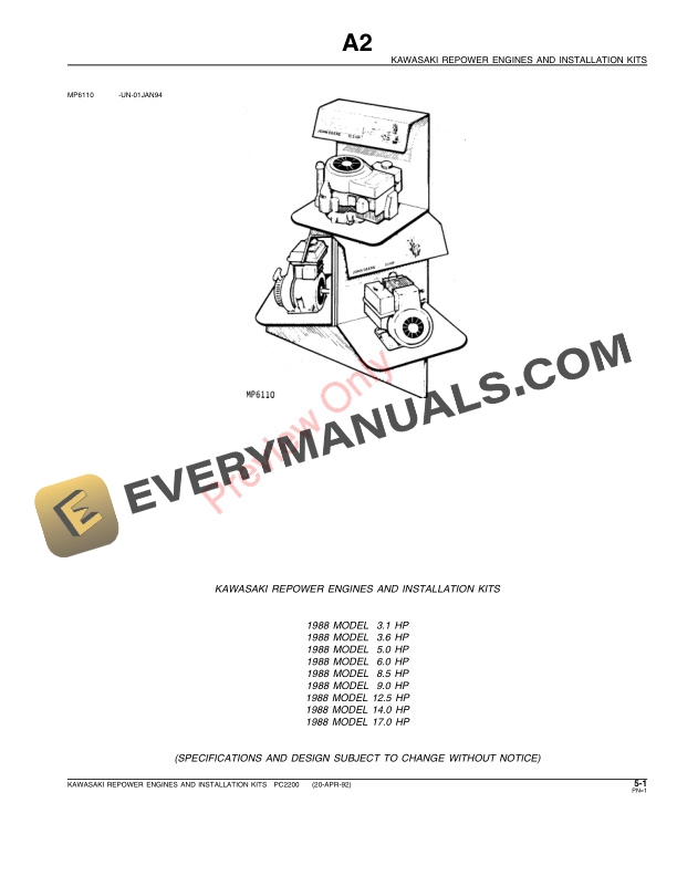John Deere Kawasaki Repower Engines and Installation Kits Parts Catalog PC2200 21APR92-3