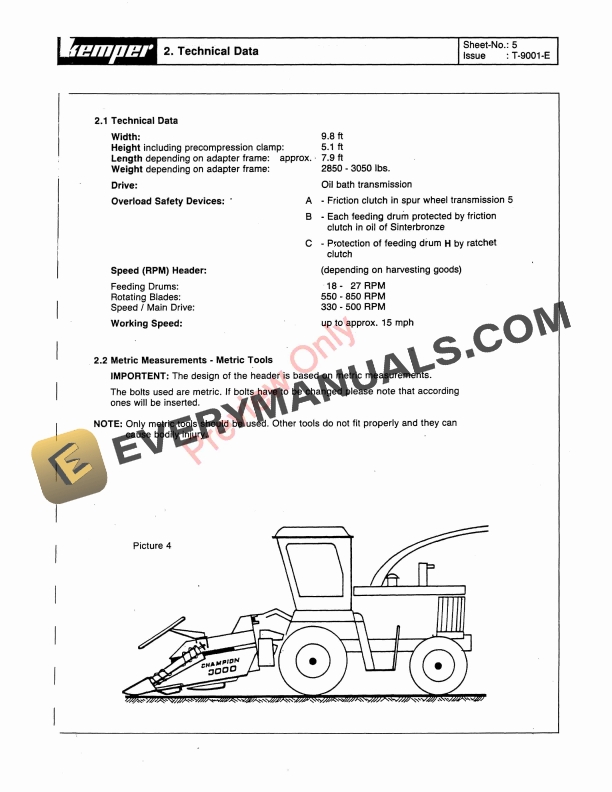 John Deere Kemper 3000 Champion Rotary Crop Header Technical Manual LCA79440 20AUG03 5