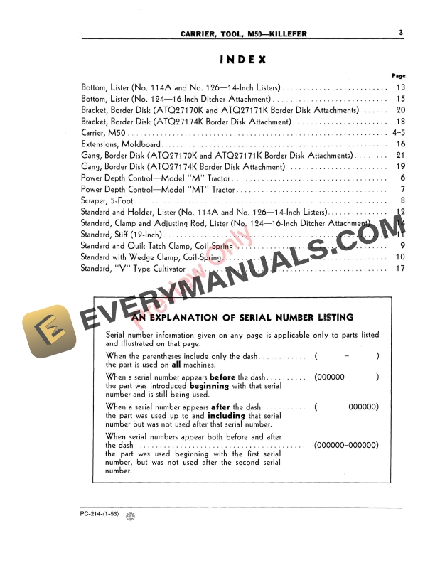 John Deere Killefer M50 Tool Carrier Parts Catalog PC214 01NOV51-5