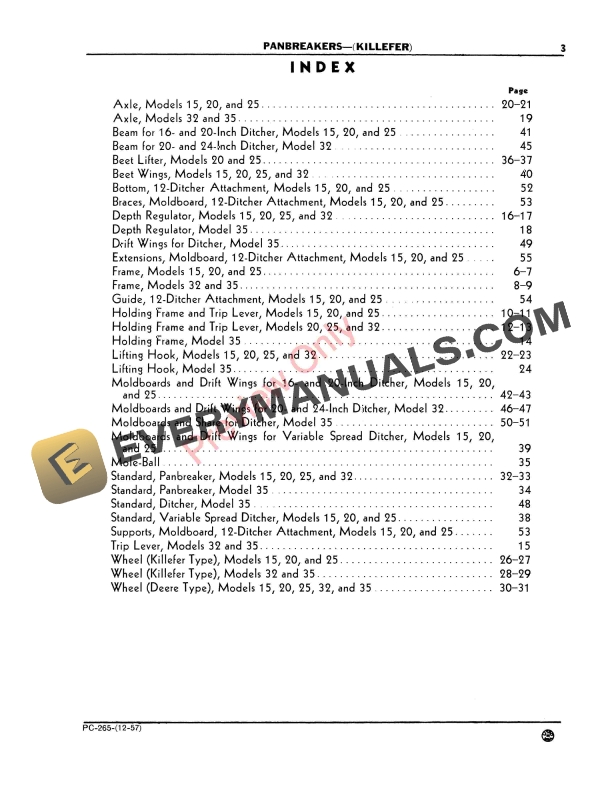 John Deere Killefer Panbreakers Parts Catalog PC265 01DEC57-5