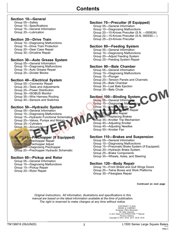 John Deere L1524, L1533, and L1534 Large Square Balers Technical Manual TM136819 09JUN20 5 John Deere L1524 L1533 and L1534 Large Square Balers Technical Manual TM136819 09JUN20 3