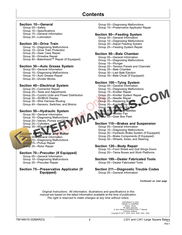 John Deere L331 L331 Precutter L341 and L341 Precutter Large Square Balers Technical Manual TM148419 02MAR23 3