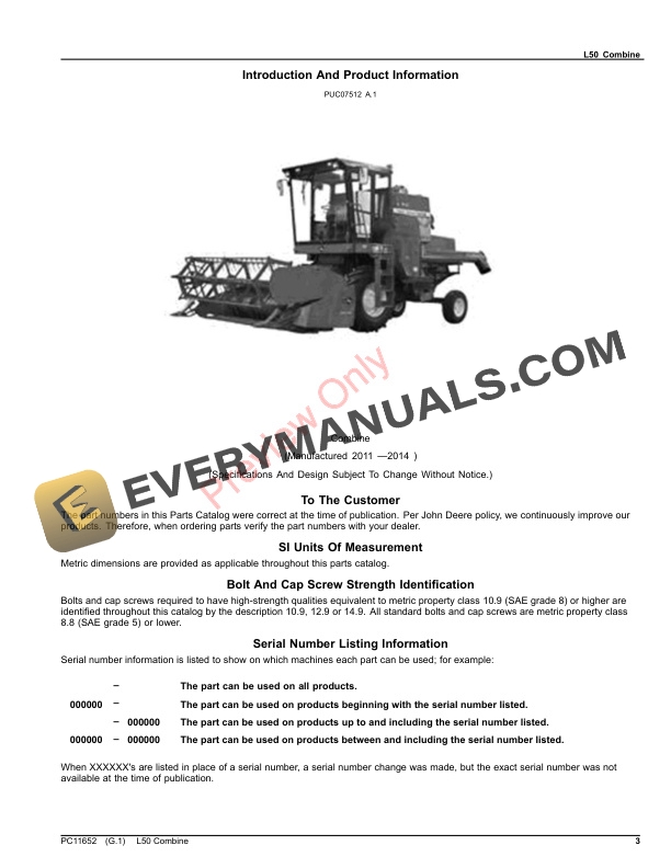 John Deere L50 Combine Parts Catalog PC11652 16JUL23 3