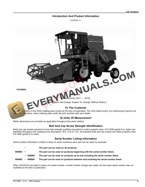 John Deere L60 Combine Parts Catalog PC11663 18JUL23 3