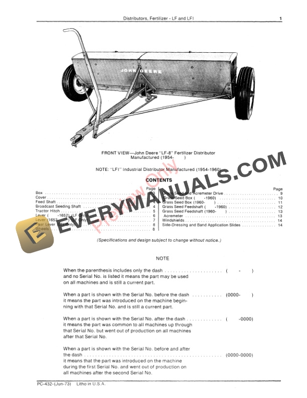 John Deere LF, LF1 Fertilizer Distributors Parts Catalog PC432 01JUN73-3