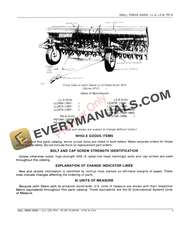 John Deere LL-A Grain Drill, Press Parts Catalog PC720 18JAN78-3