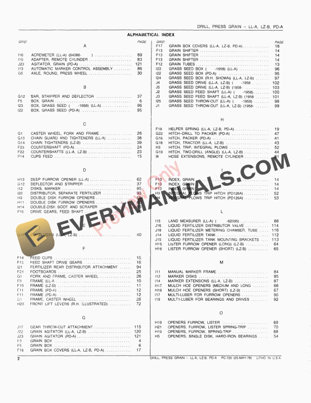 John Deere LL-A Grain Drill, Press Parts Catalog PC720 18JAN78-4