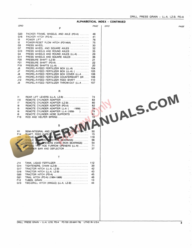 John Deere LL-A Grain Drill, Press Parts Catalog PC720 18JAN78-5