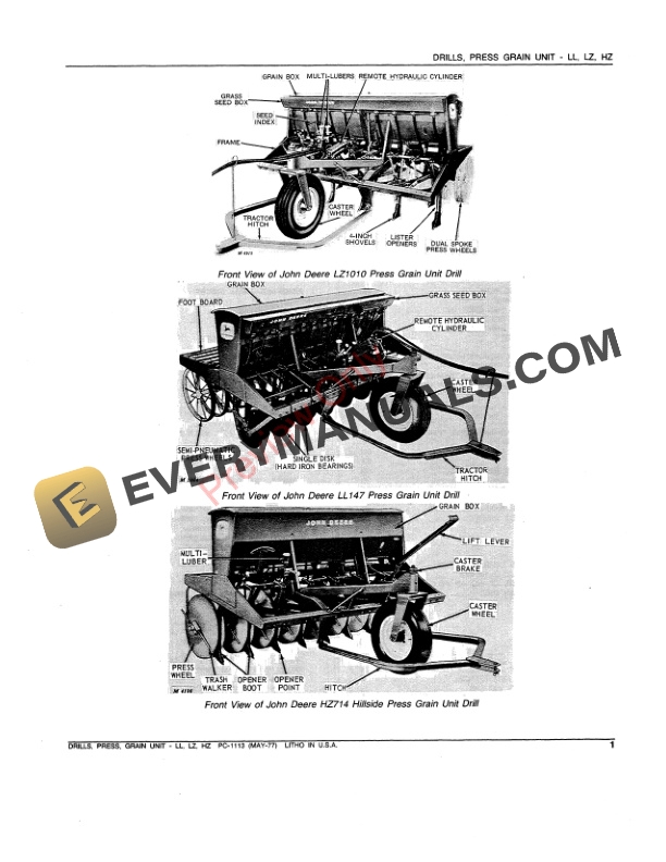 John Deere LL LZ HZ Press Grain Unit Drills Parts Catalog PC1113 01MAY77 3