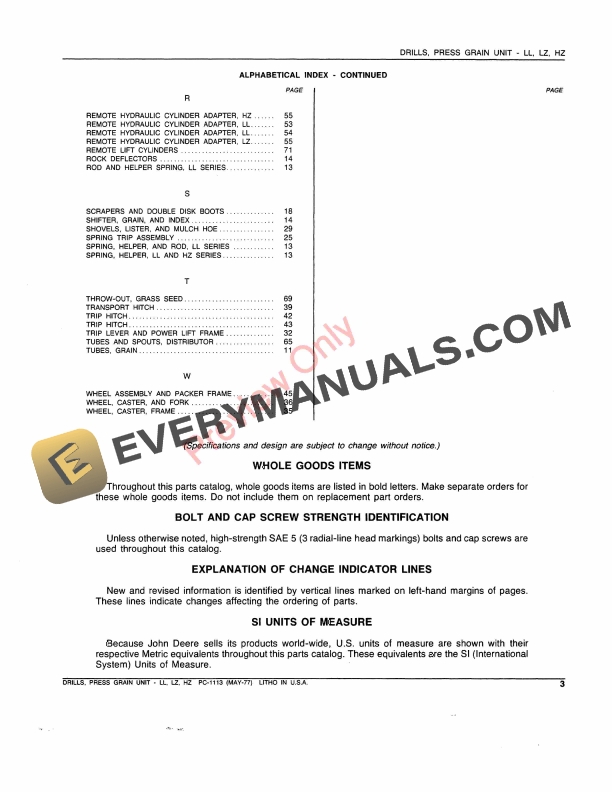 John Deere LL LZ HZ Press Grain Unit Drills Parts Catalog PC1113 01MAY77 5
