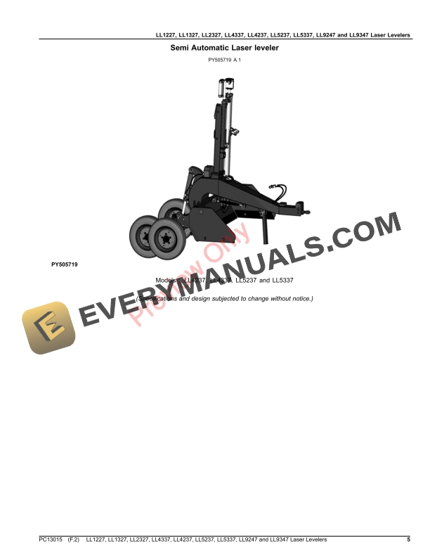 John Deere LL1227, LL1327, LL2327, LL4337, LL4237, LL5237, LL5337, LL9247 and LL9347 Laser Levelers Parts Catalog PC13015 30NOV21-5