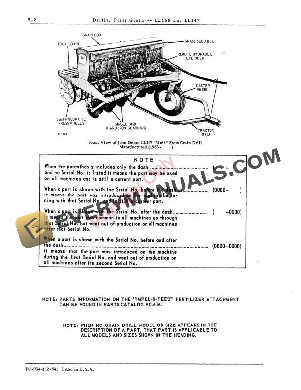 John Deere LL166, LL147 Press Grain Drills Parts Catalog PC954 01DEC64-4