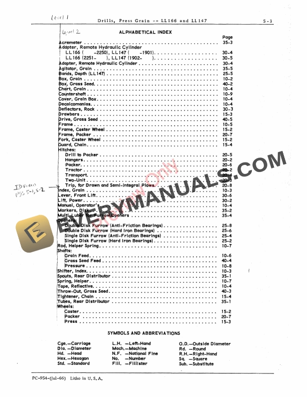John Deere LL166, LL147 Press Grain Drills Parts Catalog PC954 01DEC64-5