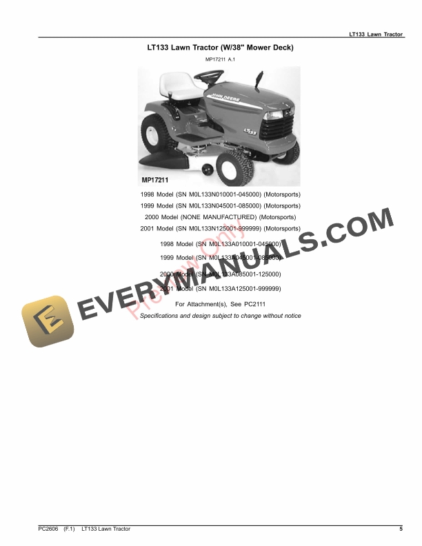 John Deere LT133 Lawn Tractor Parts Catalog PC2606 10SEP26-5