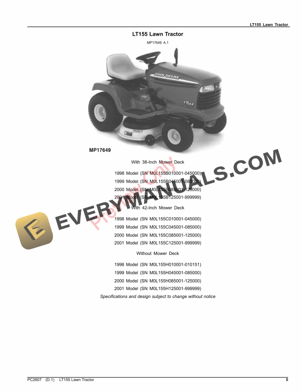 John Deere LT155 LAWN TRACTOR Parts Catalog PC2607 13OCT22-5