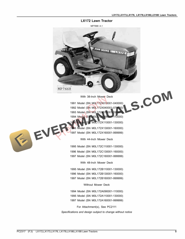 John Deere LX172, LX173, LX176, LX178, LX186 AND LX188 LAWN TRACTORS Parts Catalog PC2317 22AUG23 6 John Deere LX172, LX173, LX176, LX178, LX186 AND LX188 LAWN TRACTORS Parts Catalog PC2317 22AUG23-5