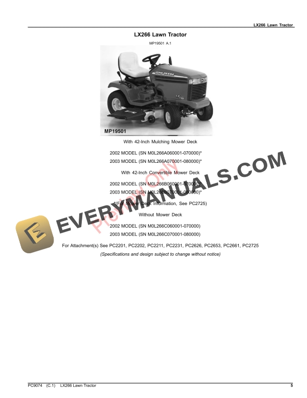 John Deere LX266 LAWN TRACTOR Parts Catalog PC9074 11JAN23-5