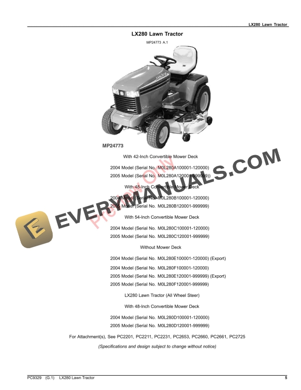 John Deere LX280 Lawn Tractor, Mower Deck and MCS Parts Catalog PC9329 04JUL23-5