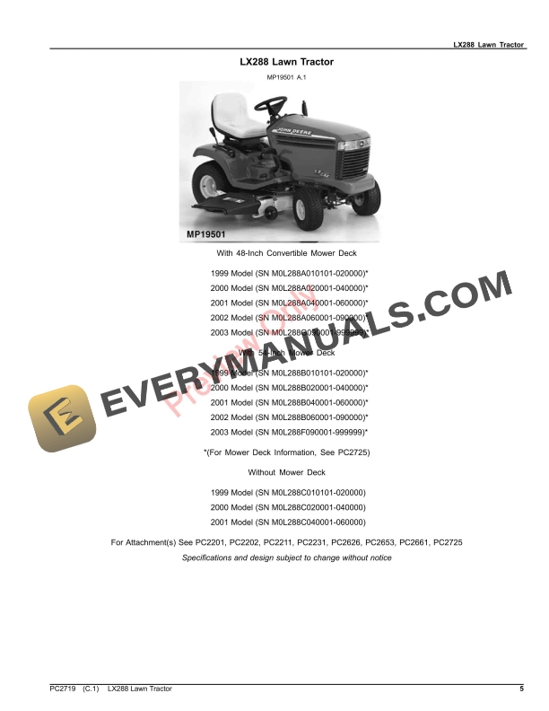 John Deere LX288 LAWN TRACTOR Parts Catalog PC2719 11JAN23-5