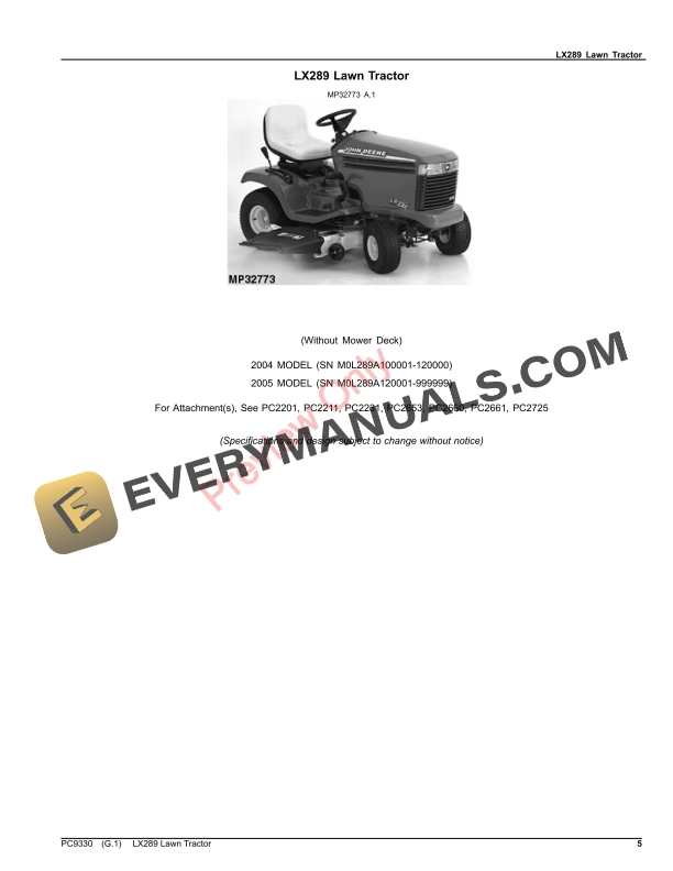 John Deere LX289 LAWN TRACTOR, MOWER DECK AND MCS Parts Catalog PC9330 18AUG22-5