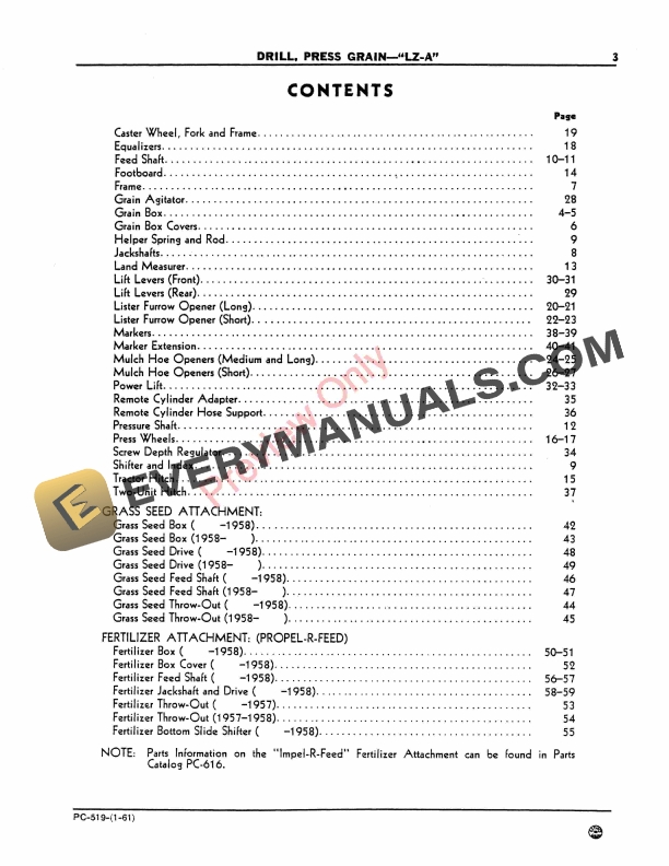 John Deere LZ-A Grain Drill, Press Parts Catalog PC519 01JAN61-5