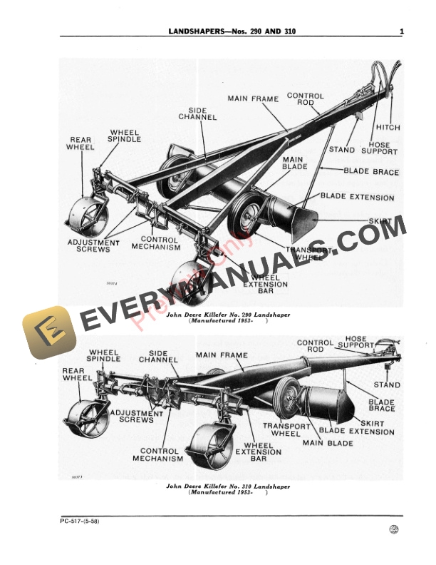 John Deere Landshapers – Nos. 290, 310 Parts Catalog PC517 01MAY58-3