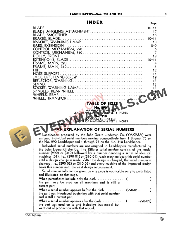 John Deere Landshapers – Nos. 290, 310 Parts Catalog PC517 01MAY58-5