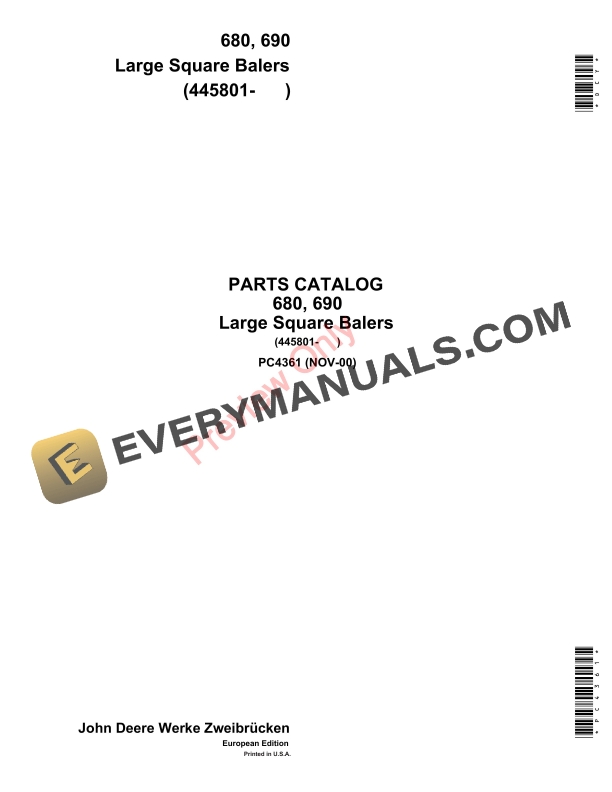 John Deere Large Square Baler Parts Catalog PC4361 01NOV00-1