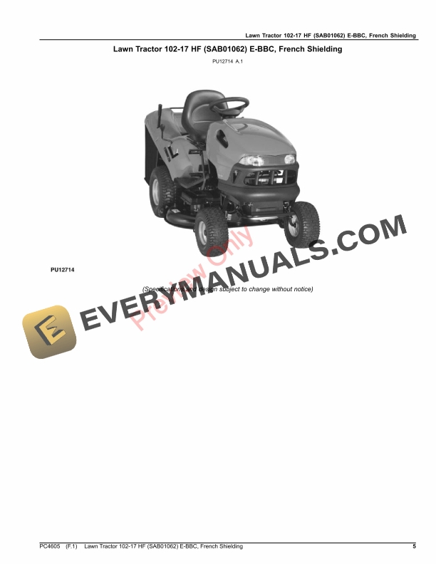 John Deere Lawn Tractor 102-17 HF (SAB01062) E-BBC, French Shielding Parts Catalog PC4605 30DEC16-5