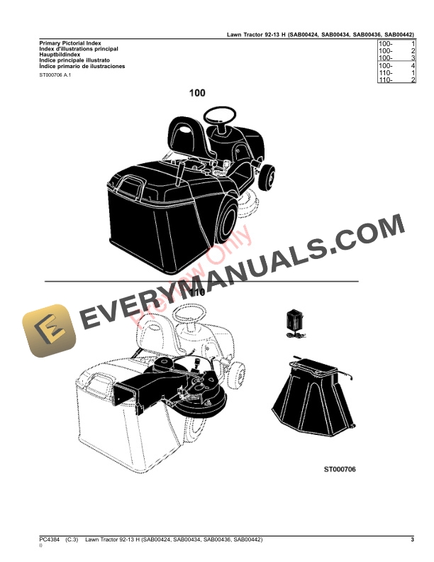John Deere Lawn Tractor 92-13 H (SAB00424, SAB00434, SAB00436, SAB00442) Parts Catalog PC4384 20JAN17 4 John Deere Lawn Tractor 92-13 H (SAB00424, SAB00434, SAB00436, SAB00442) Parts Catalog PC4384 20JAN17-3