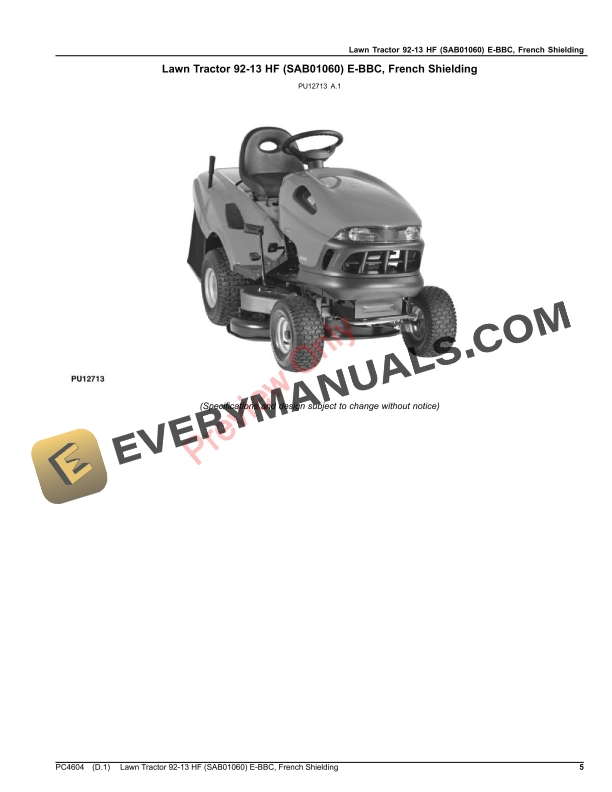 John Deere Lawn Tractor 92-13 HF (SAB01060) E-BBC, French Shielding Parts Catalog PC4604 21NOV16-5