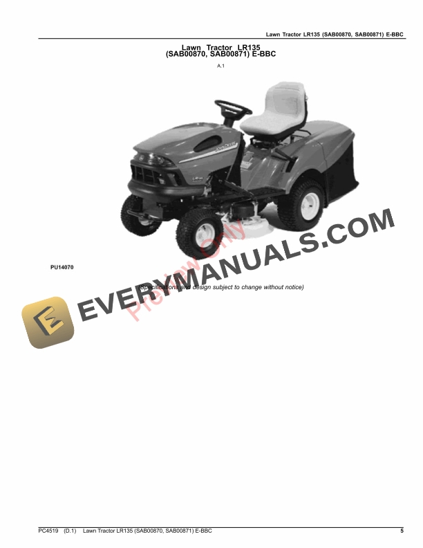 John Deere Lawn Tractor LR135 (SAB00870, SAB00871) E-BBC Parts Catalog PC4519 06AUG18-5