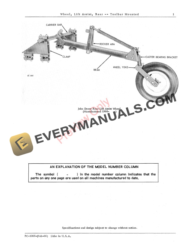 John Deere Lift Assist Wheel Rear Mounted Toolbar Parts Catalog PC1005 01FEB66 3