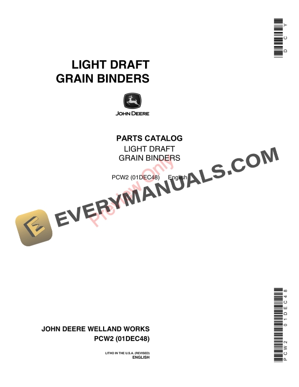 John Deere Light Draft Grain Binders Parts Catalog PCW2 01DEC48-1
