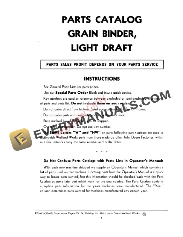 John Deere Light Draft Grain Binders Parts Catalog PCW2 01DEC48-3