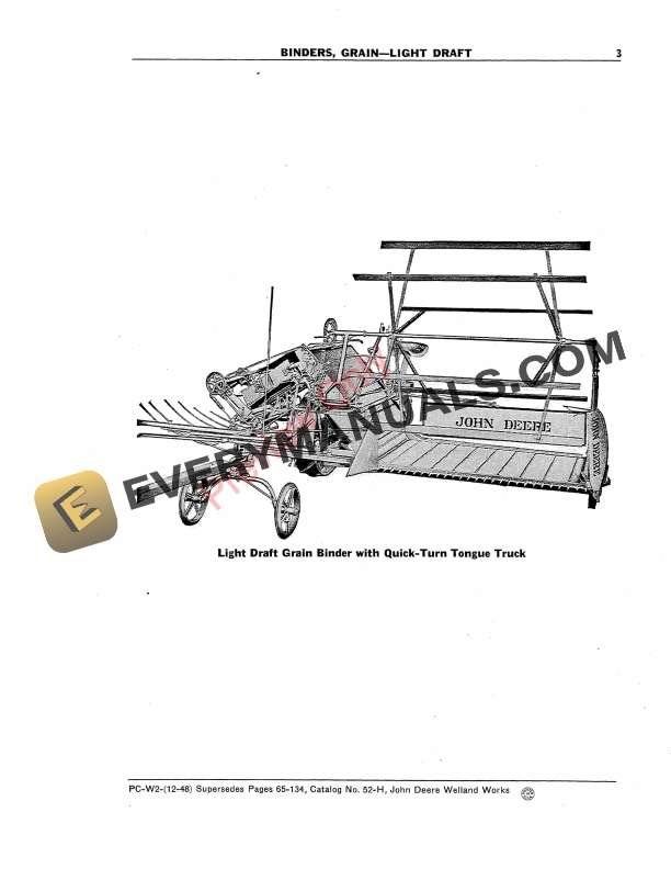 John Deere Light Draft Grain Binders Parts Catalog PCW2 01DEC48-5