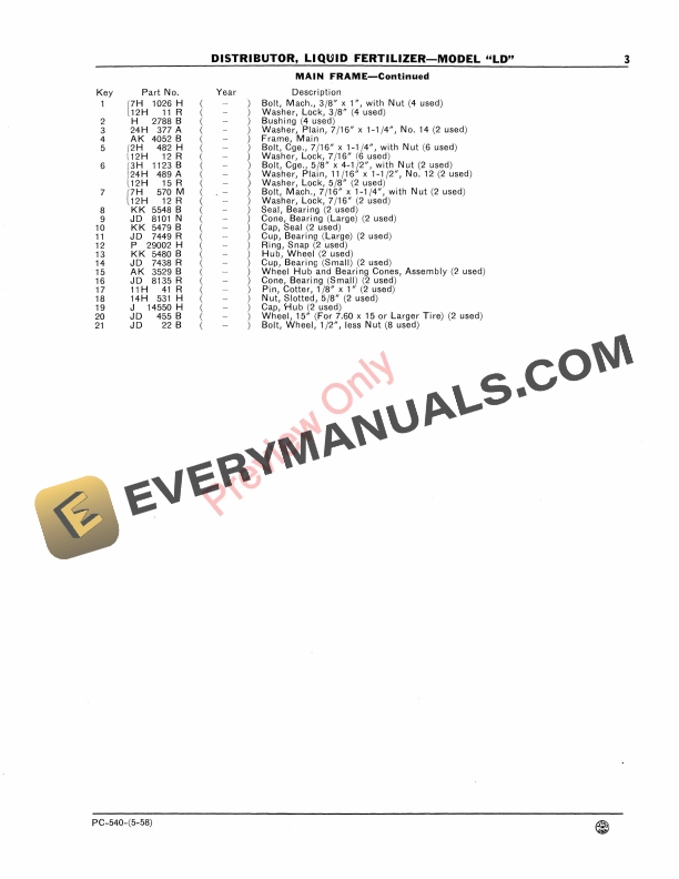 John Deere Liquid Fertilizer Distributor – Model LD Parts Catalog PC540 01MAY58-5