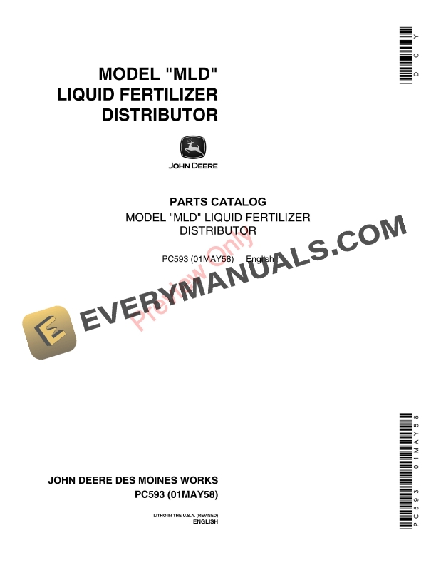John Deere Liquid Fertilizer Distributor – Model ‘MLD’ Parts Catalog PC593 01MAY58-1