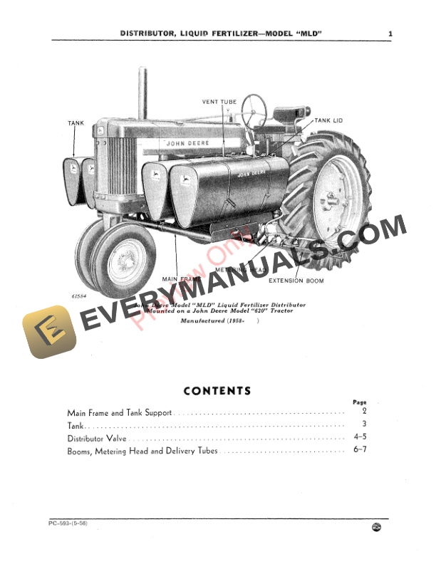 John Deere Liquid Fertilizer Distributor – Model ‘MLD’ Parts Catalog PC593 01MAY58-3