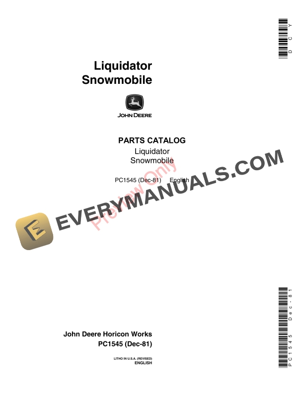 John Deere Liquidator Snowmobile Parts Catalog PC1545 12DEC81-1