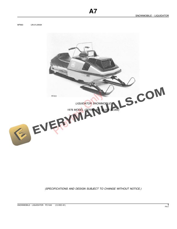 John Deere Liquidator Snowmobile Parts Catalog PC1545 12DEC81-3