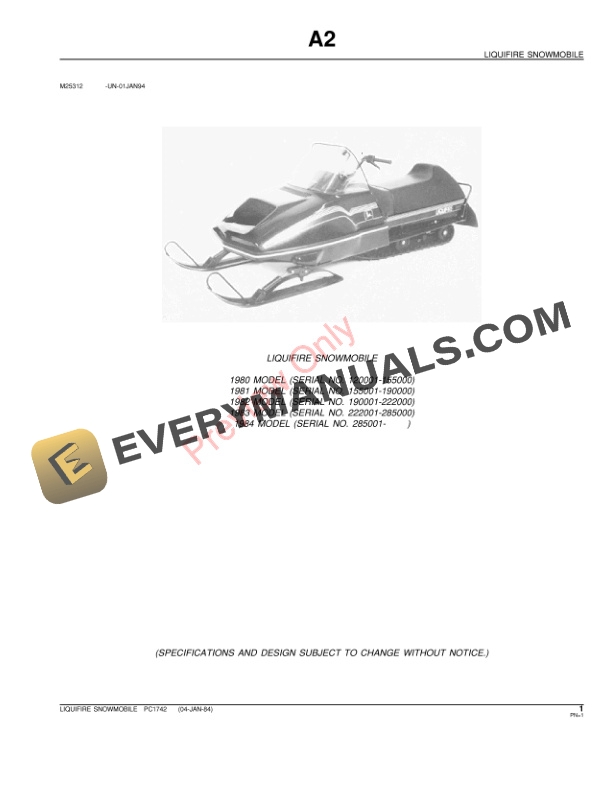 John Deere Liquifire Snowmobiles (120001- ) Parts Catalog PC1742 24FEB84-3