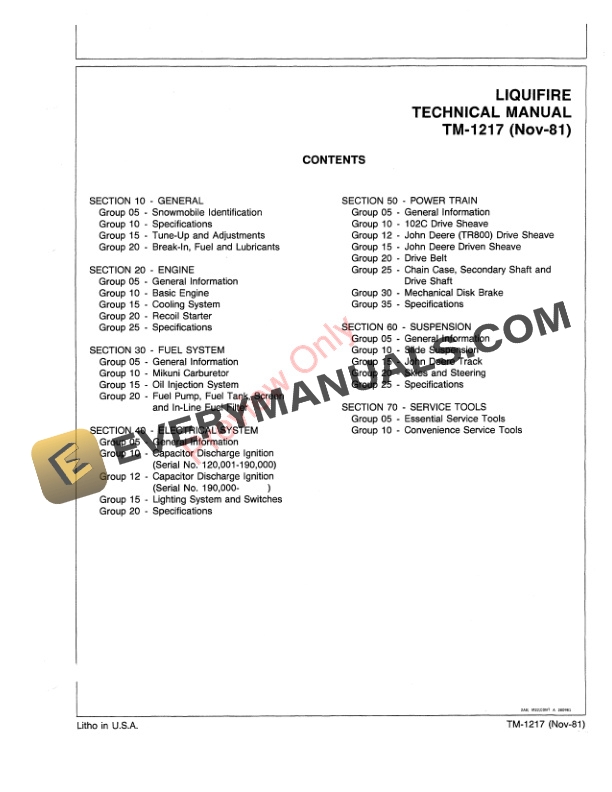 John Deere Liquifire Snowmobiles 120001 Technical Manual TM1217 01NOV81 3