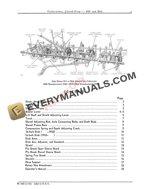 John Deere Listed Crop Cultivators – 850 and DL4 Parts Catalog PC482 01JAN61-3