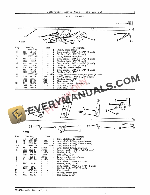 John Deere Listed Crop Cultivators – 850 and DL4 Parts Catalog PC482 01JAN61-5
