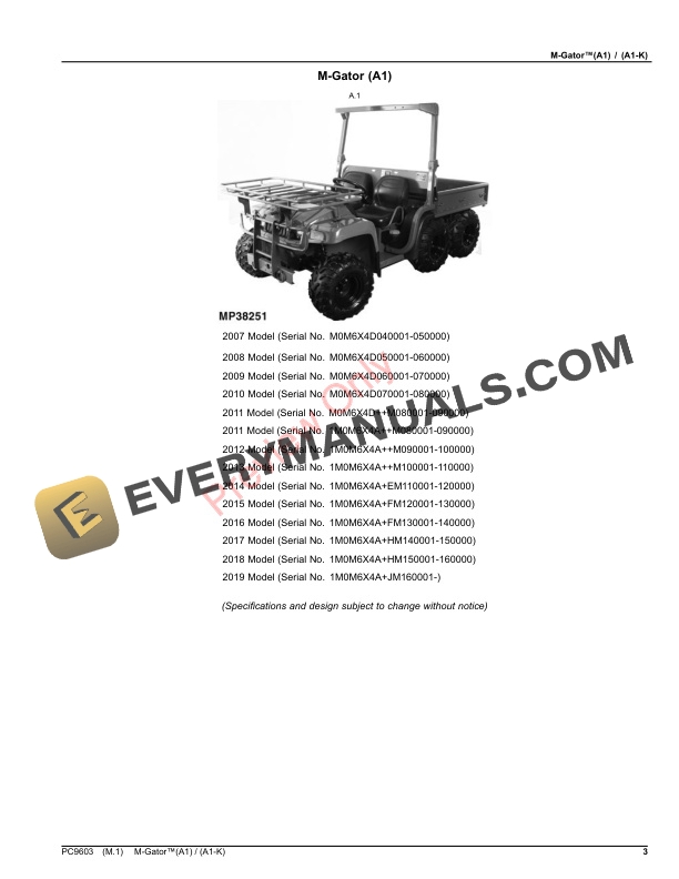 John Deere M-Gator (A1) (A1-K) Parts Catalog PC9603 06JUN23-3